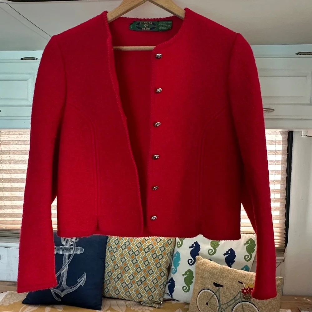 Vintage Charter Club Red Boiled Wool Cardigan Jacket Sz 12 Silver Floral Buttons